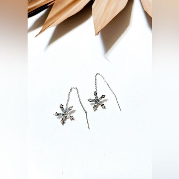 Silver flower threader earrings S253 - Picture 2 of 3